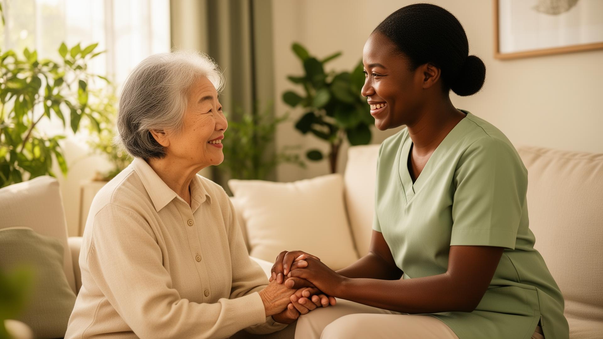 A caregiver gently holding hands with an elderly woman in a sunlit living room