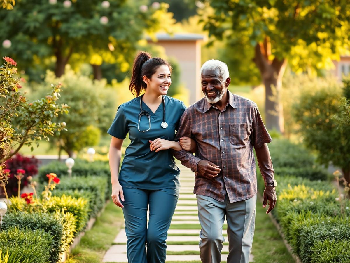 A caregiver walking with an elderly resident through a sunlit garden